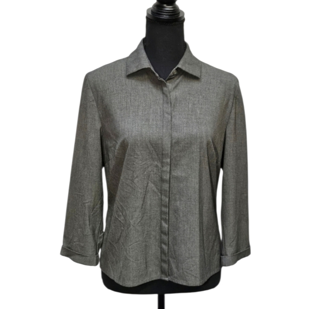 Ann Taylor Stretch Hidden Button Grey Blouse 67% Poly 29% Viscose 4% Spand Sz 8